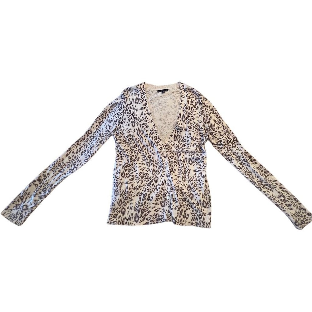Vtg GAP Women's Gray Leopard Print Cardigan Sweater Size M mob wife lightweight